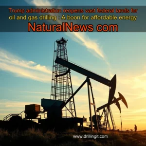 Artistic representation for Trump administration reopens vast federal lands for oil and gas drilling : A boon for affordable energy NaturalNews com